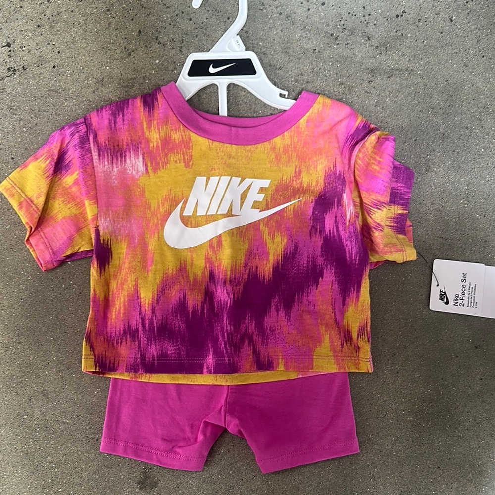 Nike Pink and Yellow Tie-Dye T-Shirt and Shorts